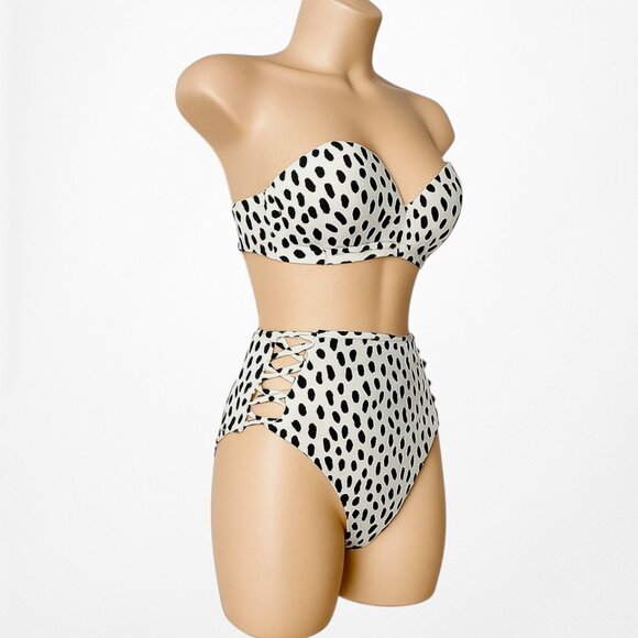 White Black Polka Dot High Waisted Cutout Strapless Two Piece Swimsuit Size XS/S - Picture 4 of 6